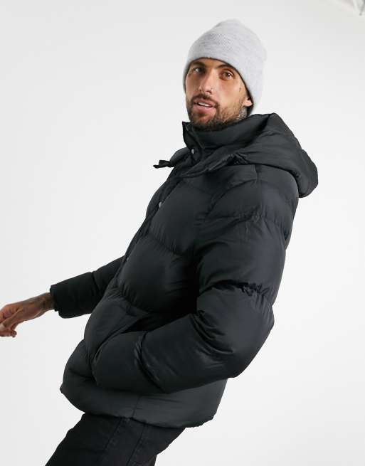 Black puffer cheap coat hood