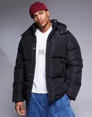 Asos Design Puffer Jacket With Detachable Hood In Black