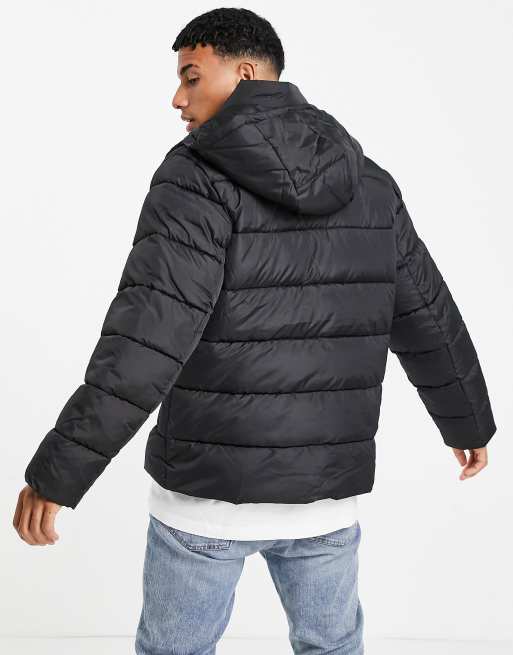 Asos design sustainable puffer jacket online with detachable hood in black