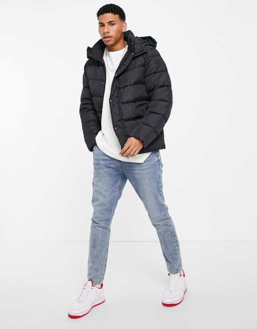 ASOS DESIGN puffer jacket with detachable hood in gray