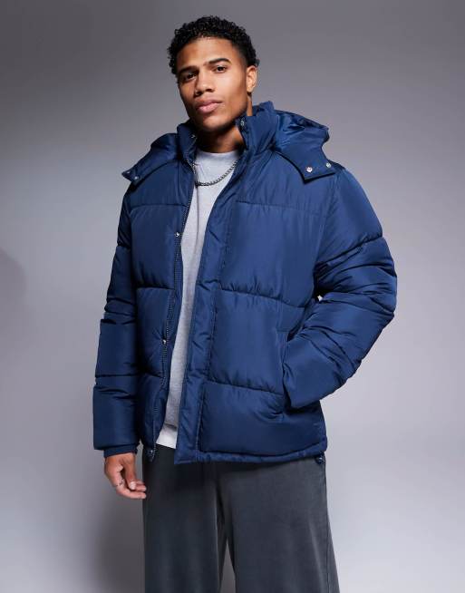 Navy blue puffer jacket with hood best sale