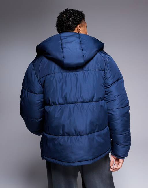 ASOS DESIGN puffer jacket with detachable hood in blue