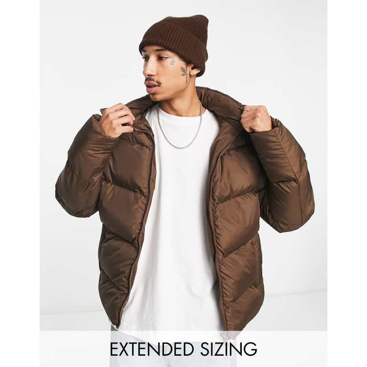 ASOS DESIGN puffer jacket with detachable hood in brown | ASOS