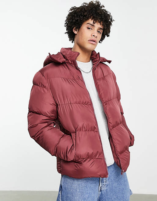 ASOS DESIGN puffer jacket with detachable hood in burgundy | ASOS