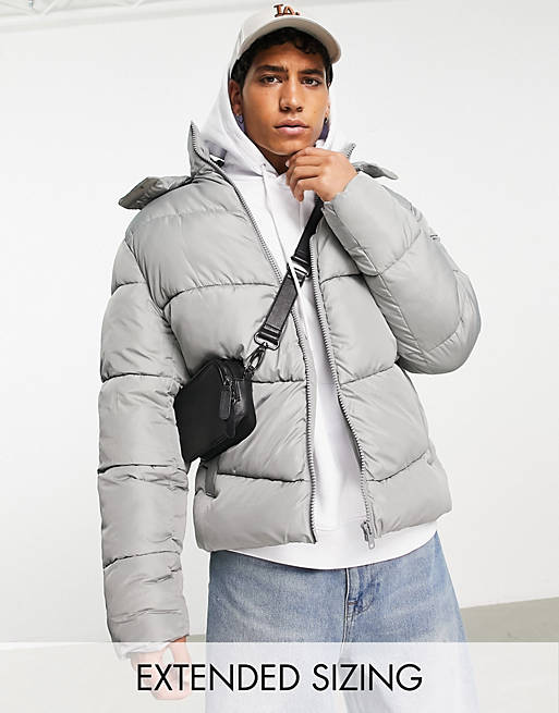 ASOS DESIGN puffer jacket with detachable hood in gray