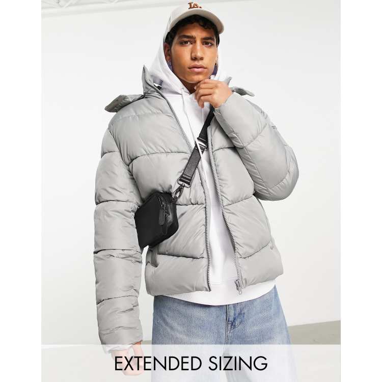 ASOS DESIGN puffer jacket with detachable hood in gray