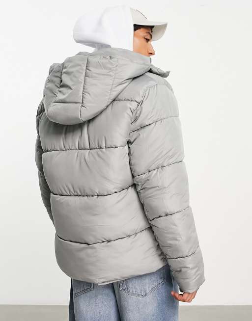 ASOS DESIGN puffer jacket with detachable hood in gray