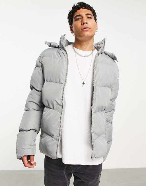 ASOS DESIGN puffer jacket with detachable hood in gray