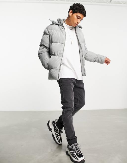 ASOS DESIGN puffer jacket with detachable hood in gray