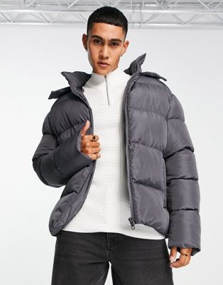 ASOS DESIGN puffer jacket with detachable hood in gray | ASOS