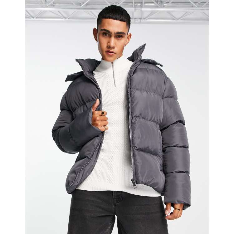 ASOS DESIGN puffer jacket with detachable hood in gray