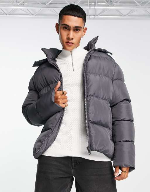 ASOS DESIGN puffer jacket with detachable hood in gray