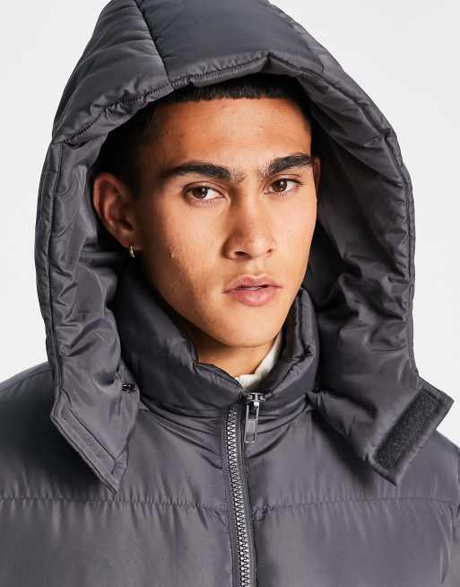 ASOS DESIGN puffer jacket with detachable hood in gray | ASOS