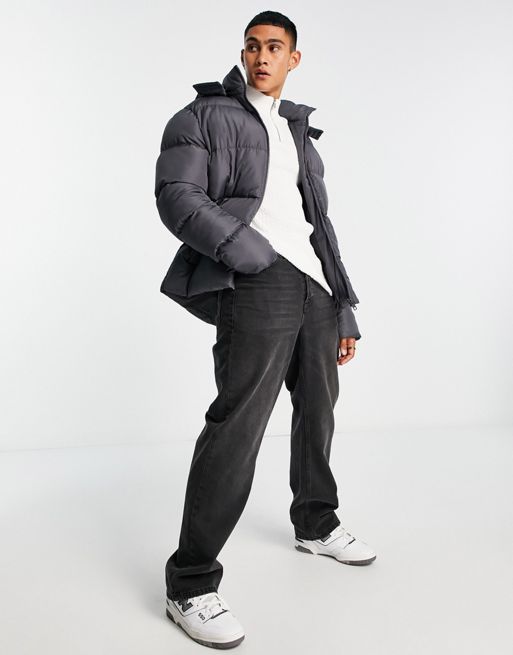 ASOS DESIGN puffer jacket with detachable hood in gray | ASOS