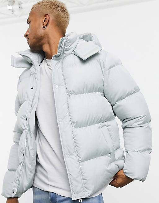 ASOS DESIGN puffer jacket with detachable hood in gray | ASOS