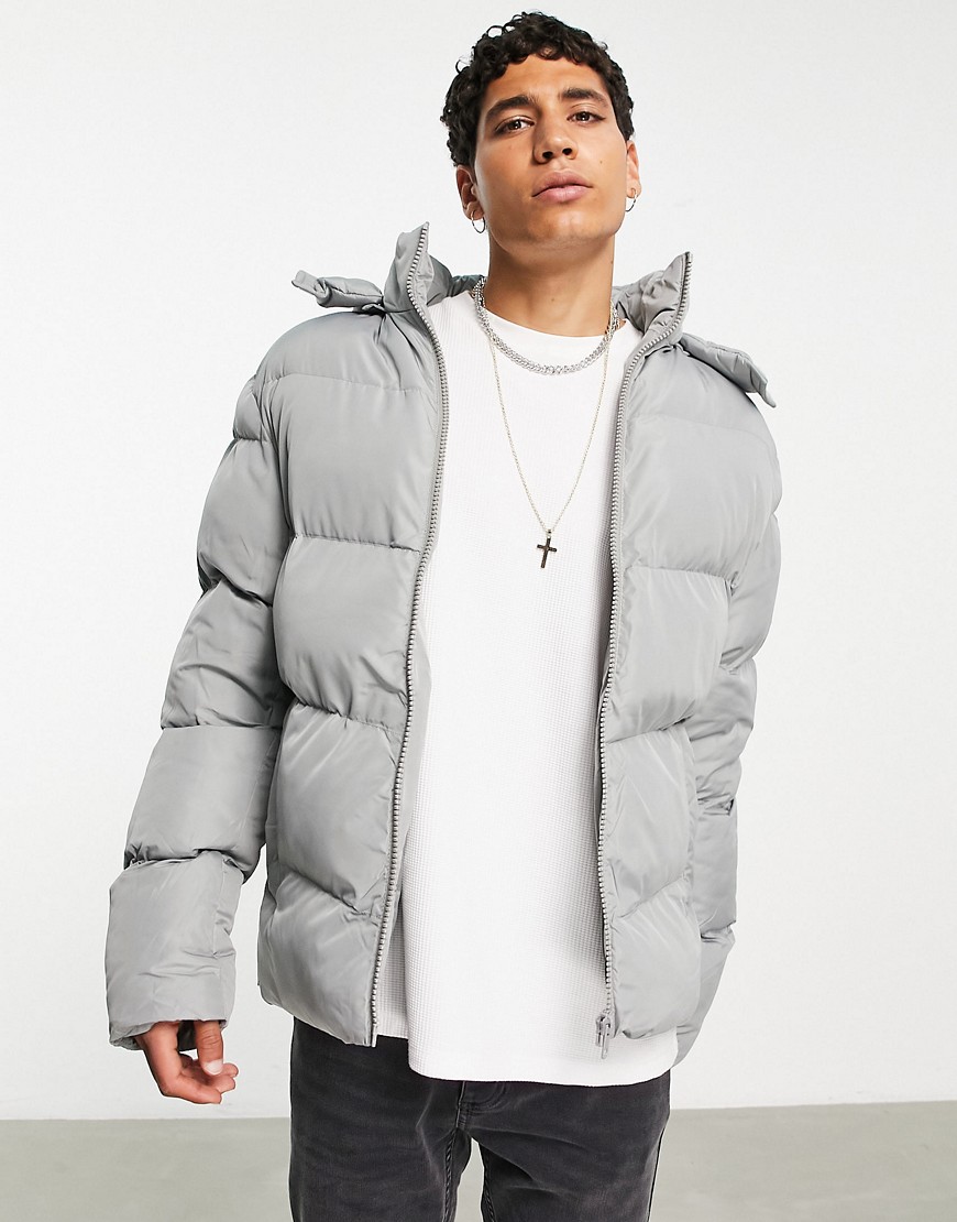 ASOS DESIGN puffer jacket with detachable hood in gray-Grey