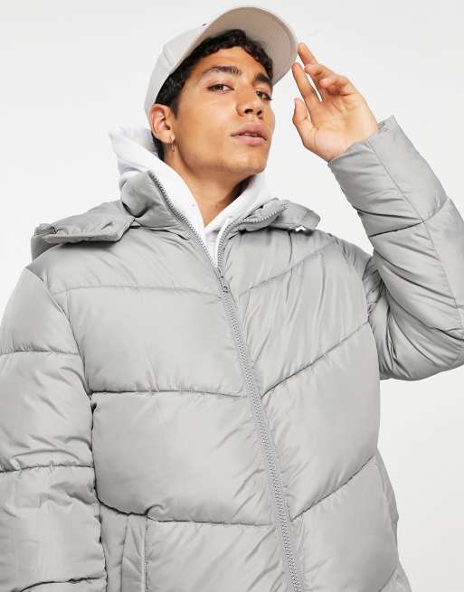 ASOS DESIGN puffer jacket with detachable hood in grey