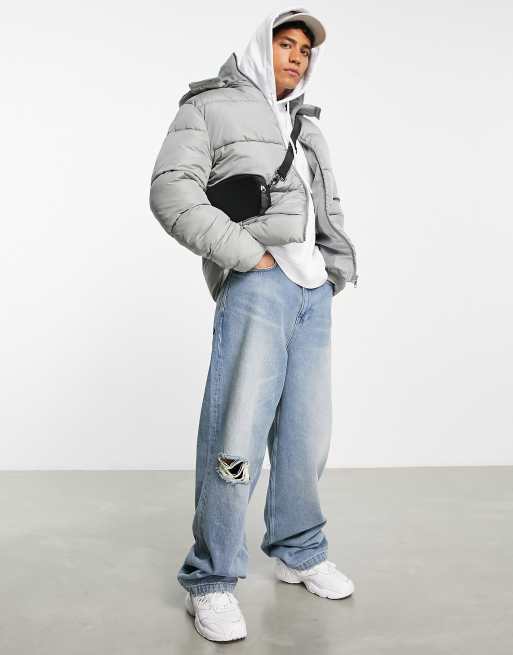 ASOS DESIGN puffer jacket with detachable hood in grey