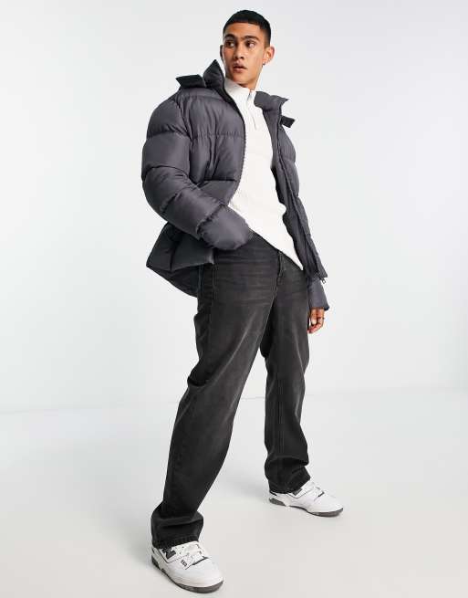 ASOS DESIGN puffer jacket with detachable hood in grey | ASOS