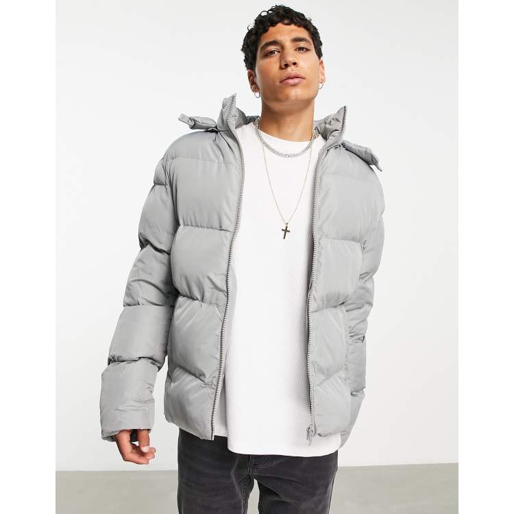 ASOS DESIGN puffer jacket with detachable hood in grey