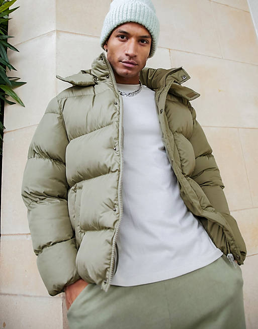 ASOS DESIGN puffer jacket with detachable hood in khaki | ASOS