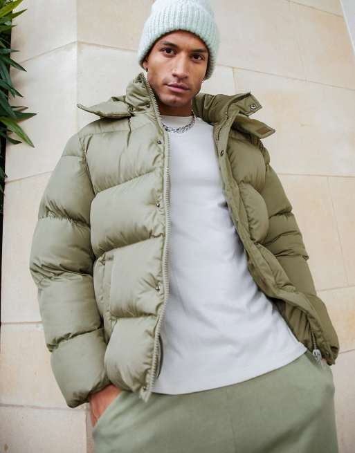 Khaki hooded best sale puffer jacket