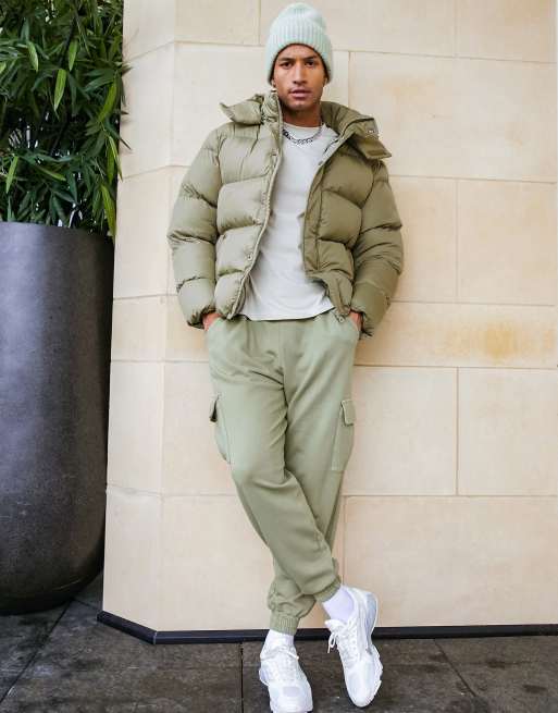 ASOS DESIGN puffer jacket with detachable hood in khaki