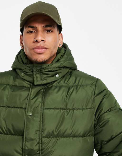 ASOS DESIGN puffer jacket with detachable hood in khaki | ASOS