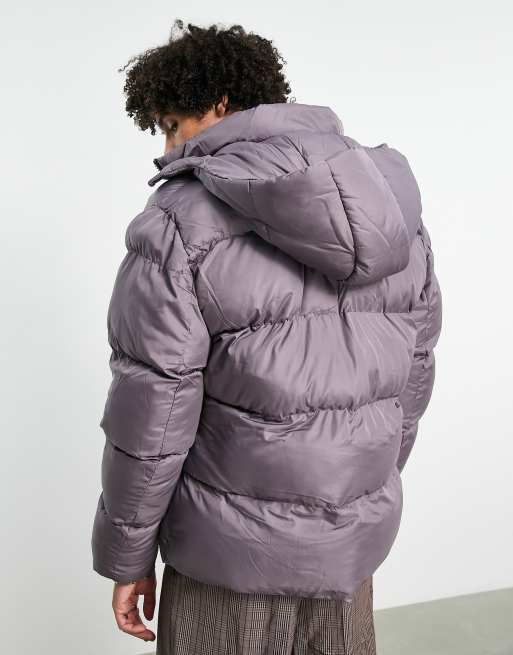 ASOS DESIGN puffer jacket with detachable hood in gray