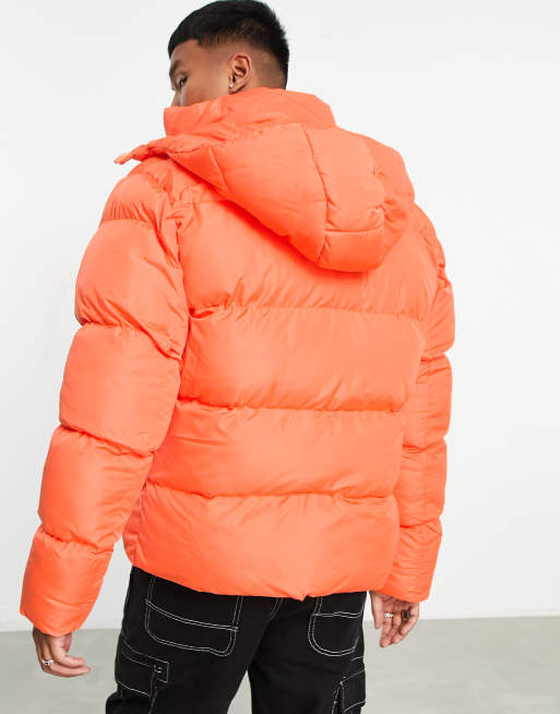 Orange puffer jacket online with hood