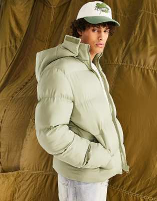 ASOS DESIGN puffer jacket with detachable hood in sage green | ASOS