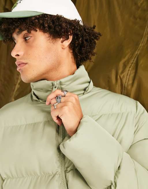 ASOS DESIGN puffer jacket with detachable hood in sage green | ASOS