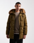 [ASOS DESIGN] ASOS DESIGN puffer jacket with faux fur hood trim in dark green XS GREEN
