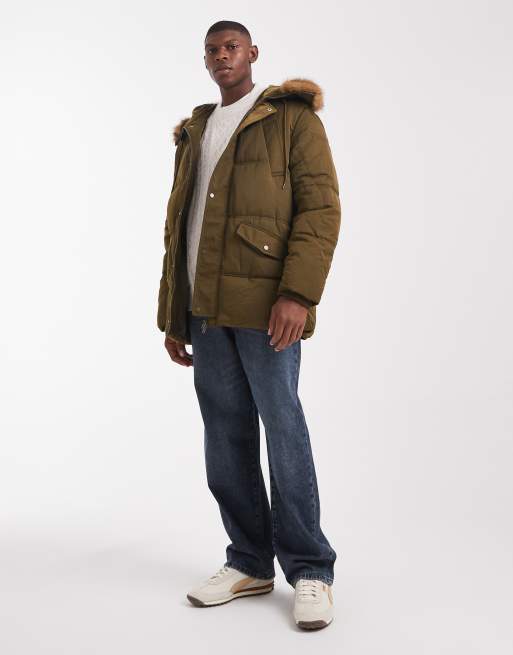 ASOS DESIGN puffer jacket with faux fur hood trim in dark green, 2 of 5
