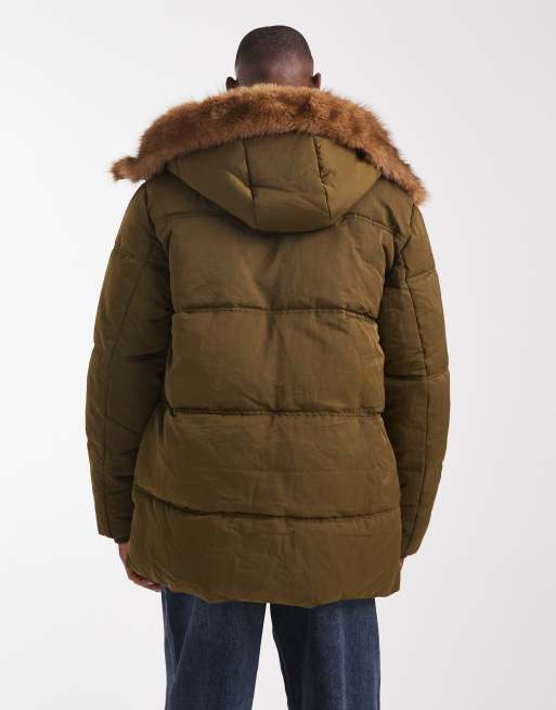 ASOS DESIGN puffer jacket with faux fur hood trim in dark green, 3 of 5