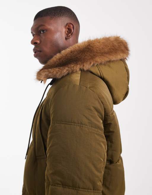 ASOS DESIGN puffer jacket with faux fur hood trim in dark green, 4 of 5