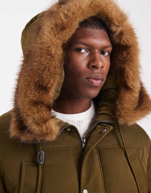 ASOS DESIGN puffer jacket with faux fur hood trim in dark green, 5 of 5