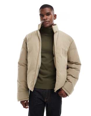 ASOS DESIGN puffer jacket with funnel neck in stone-Neutral