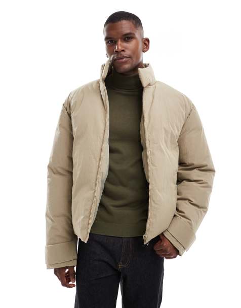 ASOS DESIGN puffer jacket with funnel neck in stone - view 1