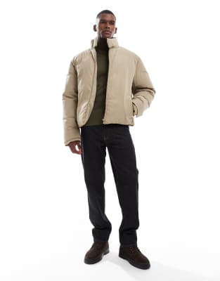 Asos Design Puffer Jacket With Funnel Neck In Neutral