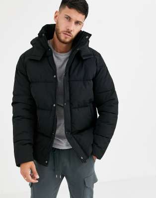 ASOS DESIGN puffer jacket with hood in black