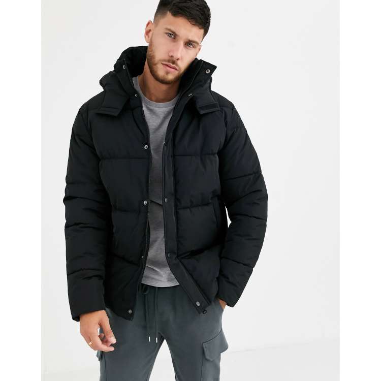 ASOS DESIGN puffer jacket with hood in black