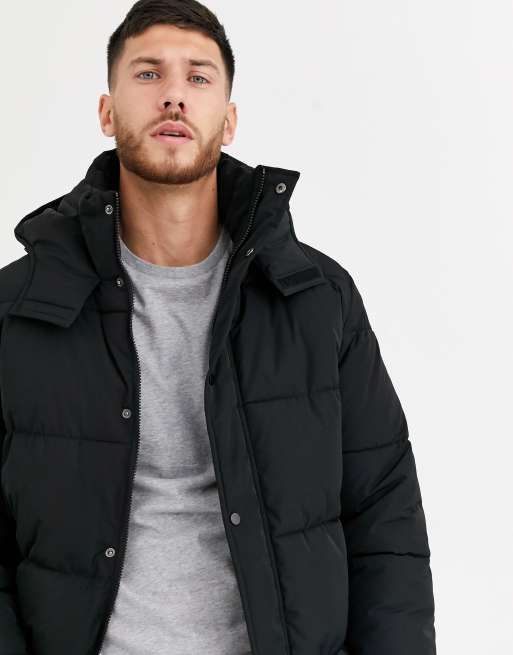 ASOS DESIGN puffer jacket with hood in black