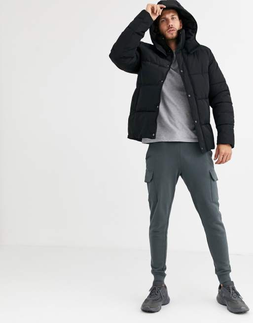 ASOS DESIGN puffer jacket with hood in black