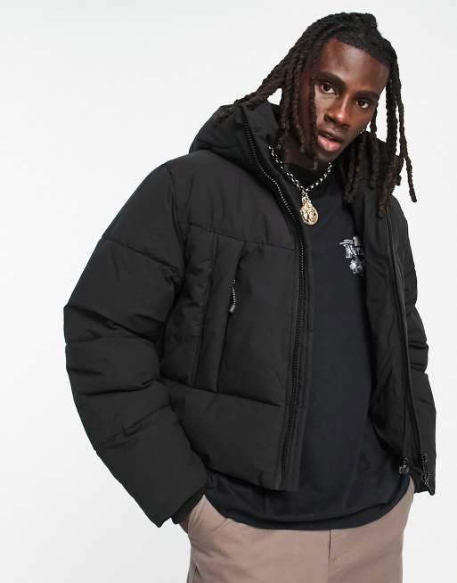 ASOS DESIGN puffer jacket with detachable hood in black