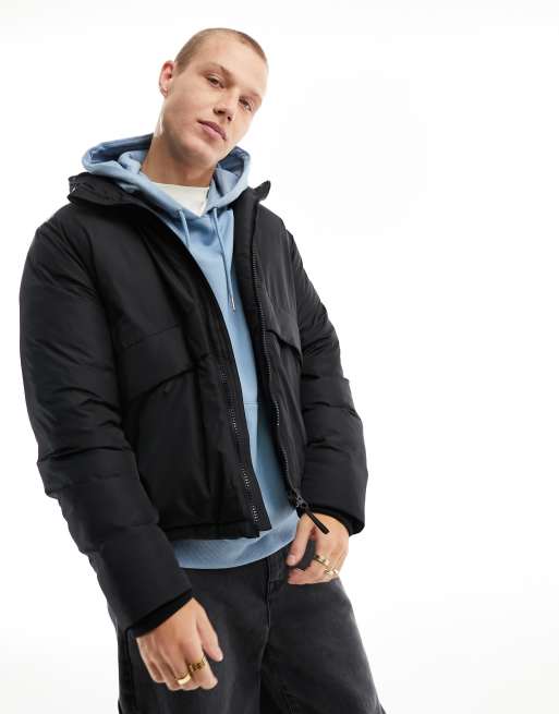 ASOS DESIGN puffer jacket with detachable hood in gray