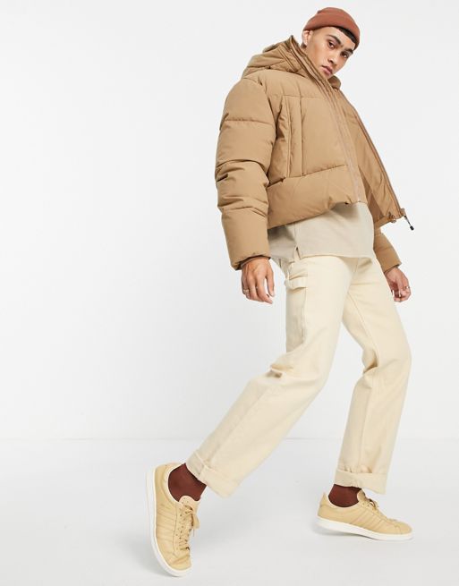 ASOS DESIGN luxe collar cropped puffer jacket in camel
