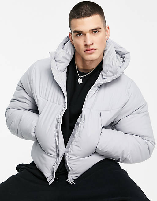 ASOS DESIGN puffer jacket with hood in grey, 1 of 4