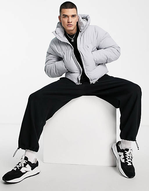 ASOS DESIGN puffer jacket with hood in grey, 3 of 4