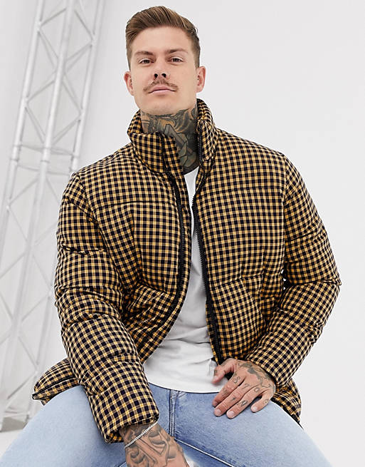 ASOS DESIGN puffer jacket with mini check in yellow